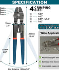 Premium Wire Rope Crimp Tool Kit With Built In Cutter For DIYers 328 Ft Stainless Cable One Sixteenth Inch Includes 210 Aluminum Crimp Sleeves And 50 Thimbles For Railings Decking And Picture Hanging. Wire rope crimp tool with blue rubber grips and crimp size specifications.
