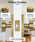 Antique Brass Door Knobs With Privacy Function, Vintage Interior Door Hardware showing interior and exterior view, installed on door, suitable for bedroom, bathroom, study, office, made of heavy duty zinc alloy.