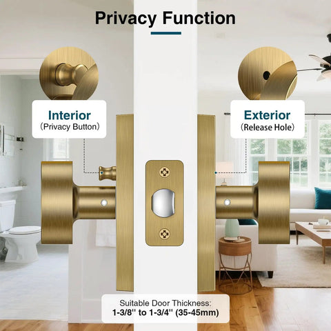 Antique Brass Door Knobs With Privacy Function, Vintage Interior Door Hardware showing interior and exterior view, installed on door, suitable for bedroom, bathroom, study, office, made of heavy duty zinc alloy.