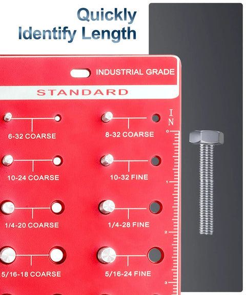 Nut and bolt thread checker gauge on red panel with 14 standard and 14 metric, metal bolt on the right.