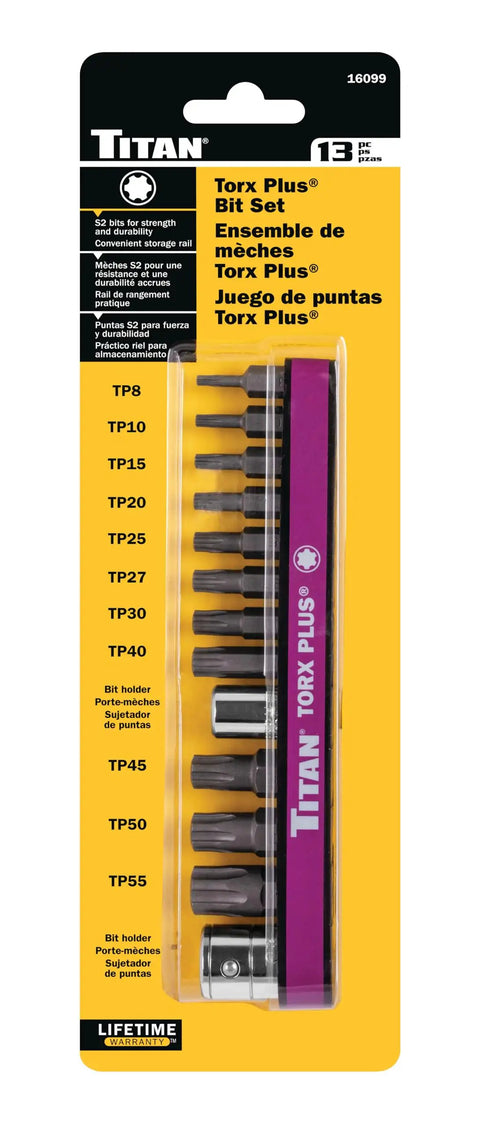 Torx Plus Bit Set TP8 To TP55 With 1/4-Inch And 3/8-Inch Drive Bit Holders in packaging showing S2 alloy steel bits.