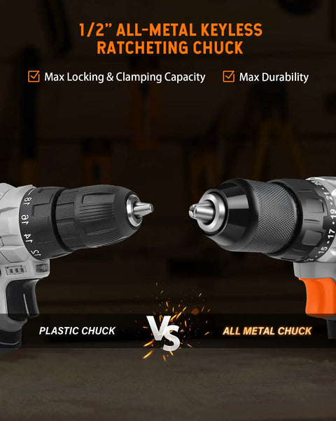 Comparison of plastic chuck vs 1/2 inch all metal chuck from Brushless Power Drill Kit With 1/2 Inch All Metal Chuck, 530 In-Lb Torque