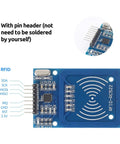 Mifare RC522 NFC Reader Module Kit with visible pin header, labeled connections, and RFID antenna for Arduino Raspberry Pi
