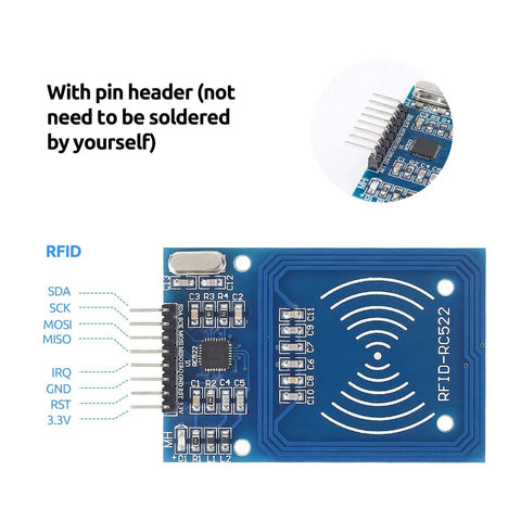 Mifare RC522 NFC Reader Module Kit with visible pin header, labeled connections, and RFID antenna for Arduino Raspberry Pi