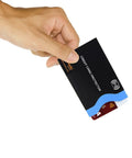 Hand holding black and blue RFID Blocking Travel Sleeves Set With Color Coding Navy Blue Unisex Wallet, protecting credit card