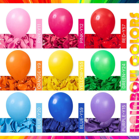 Top Shelf Fifty Piece Assorted Rainbow Five Inch Thick Durable Latex Balloons For Weddings Birthdays And Bashes Fresh Multicolor Party Decor with pink, red, orange, yellow, green, blue, and purple balloons.