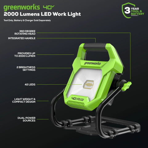 40V 2000 Lumen LED Work Light with 360 Degree Rotating Head Tripod Mountable Portable Indoor Outdoor Flood Light AC DC