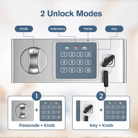 Home Safe Box With 0.6 Cu Ft Stash Space, Digital Security Safe lock panel with keypad, knob, and key access options
