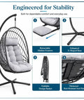 Comfy Hanging Egg Chair With Leg Rest And Stand In Gray, Rattan Wicker Swing Hammock with UV Resistant Cushion details
