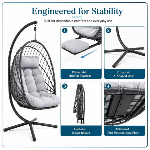 Comfy Hanging Egg Chair With Leg Rest And Stand In Gray, Rattan Wicker Swing Hammock with UV Resistant Cushion details