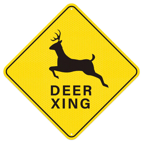 Deer Xing Crossing Sign 12x12, 2 Pack, Engineer Grade Reflective Aluminum, Built Tough Weather Resistant High Visibility Safety Sign for Driveways, Rural Roads, and Deer Rich Areas on yellow background