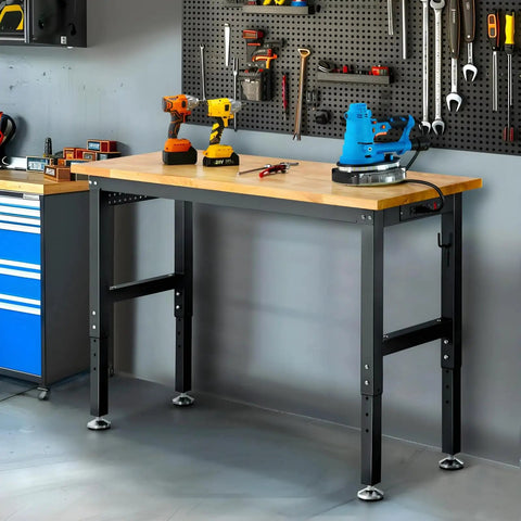Built Tough 48 Inch Workbench With Rock Solid Rubberwood Top Adjustable Steel Frame Pegboard Rack Built In Power Outlet Garage Work Table For Shop And Home Setup