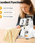 Person using Workhorse Serger Overlock Machine With Four Thread Capability Up To 1200 Stitches Per Minute Pro Grade Speed
