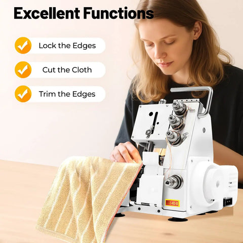 Person using Workhorse Serger Overlock Machine With Four Thread Capability Up To 1200 Stitches Per Minute Pro Grade Speed