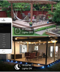 Bluetooth And WiFi RGB Deck Step Lights Kit With 20 Recessed 1.38 Inch LED Low Voltage Landscape Lighting shown in use on outdoor patio.