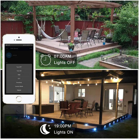 Bluetooth And WiFi RGB Deck Step Lights Kit With 20 Recessed 1.38 Inch LED Low Voltage Landscape Lighting shown in use on outdoor patio.
