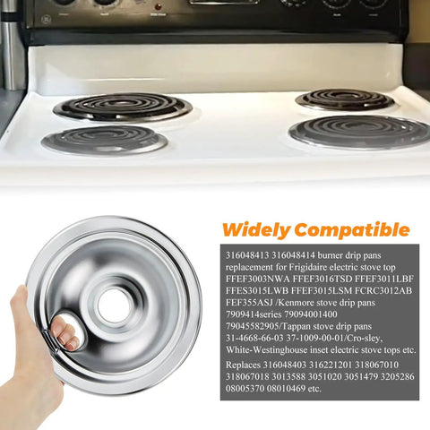 Electric Stove Burner Drip Pan Set Fits Frigidaire And Kenmore Electric Ranges With Locking Slots, including silver chrome plated pan from the set