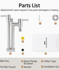 Parts list for Double Joint Swing Arm Pot Filler Faucet With Wall Mount Folding Kitchen Spout No Lead Stainless Steel Brushed Nickel Finish Two Handle Design NSF Certified Built To Last.
