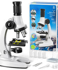 Awesome Kids Microscope Kit With 67 Pieces For Real Science Fun From 100X To 1200X, Includes 12 Prepared Slides, 45 Blank Slides, 5 Cover Slides, Plastic Tweezers, Dropper, 4 Collection Bottles, Culture Dish, Storage Box And More STEM Gear white kids microscope with slides, tweezers, dropper, bottles and box