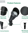 4W 12V Landscape Lighting Kit details showing waterproof silicon ring, anti-UV finish, 120° rotation, durable ground stake.