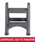 Two Step Folding Foot Stool 14 Inch High Gray Lightweight 300 Pound Capacity Skid Resistant shown standing upright