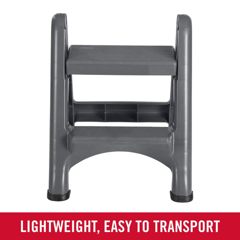 Two Step Folding Foot Stool 14 Inch High Gray Lightweight 300 Pound Capacity Skid Resistant shown standing upright
