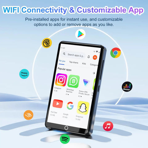 All In One 80GB Bluetooth WiFi MP3 Player With 4.0 Inch IPS Touch Screen displaying popular apps interface