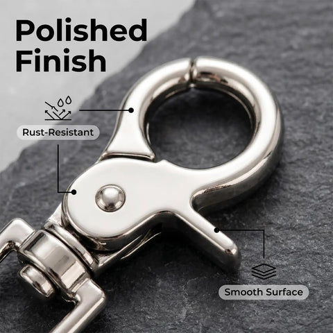 Close-up of Heavy Duty Metal Swivel Snap Hooks Twelve Pack, showcasing polished, rust-resistant finish and smooth surface.