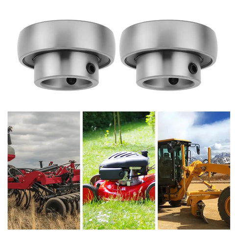 Two Pack SB20516 Insert Ball Bearings With Set Screws 25x50x28mm shown with mowers, seeders, and heavy machinery