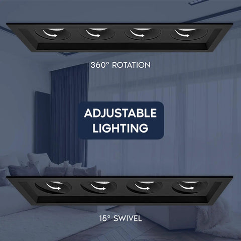 Four Head Regressed Gimbal Led Recessed Spotlight showing 360 rotation and 15 tilt adjust, sleek black housing.