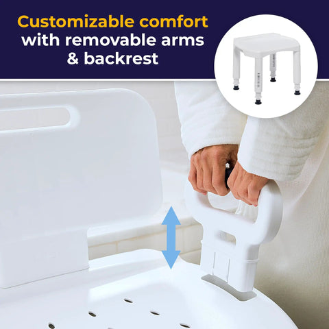 Person adjusting the armrest of a Shower Bathroom Bench With Back And Arms, Adjustable Height, Grippy Suction Cup Feet For Stability, Durable Plastic Seat, White
