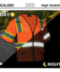 Kickass Mens High Visibility Mesh Safety Vest With Ten Functional Pockets And Zipper Front Ansi Class Three Reflective Work Gear displayed in day and night settings.