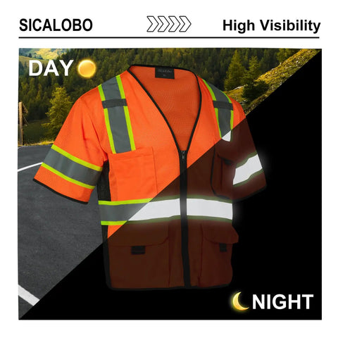 Kickass Mens High Visibility Mesh Safety Vest With Ten Functional Pockets And Zipper Front Ansi Class Three Reflective Work Gear displayed in day and night settings.