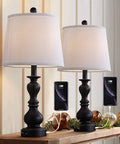 Resin Table Lamp Set Of 2 With USB Ports For Bedroom And Living Room Plug In Bedside Lamps White Fabric Shade Black Base 22 Inch Tall Vintage Rustic Farmhouse Style Dual Pack Cozy Vibe