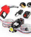 Cordless Fuel Transfer Pump 13 GPM Electric Pump With 21V 4Ah Battery And Charger, red nozzle, 6-foot hoses.