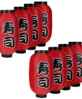 Set of 8 Red Chochin Silk Lanterns, 14 Inch Japanese hanging lanterns with ribbed exterior and painted characters, no lights included.
