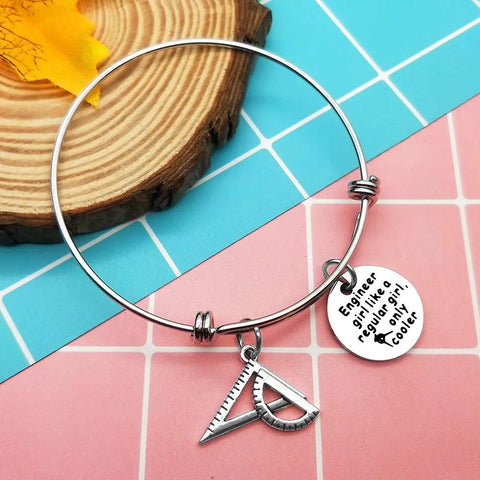 Funny Engineer Gift For Women Engineers Bracelet with ruler charm and protractor, stainless steel, adjustable bangle, boss lady vibe
