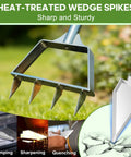 Semi Assembled Lawn Aerator With Four Steel Spikes Non Clogging Design shown with heat-treated sharp wedge spikes.