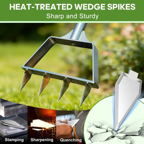 Semi Assembled Lawn Aerator With Four Steel Spikes Non Clogging Design shown with heat-treated sharp wedge spikes.