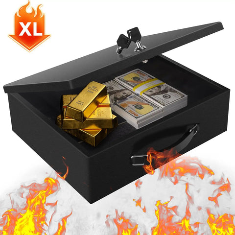 Fireproof Document Safe Box With Key Lock, Heavy Duty Portable Lock Box for home or travel, open with cash and gold bars inside