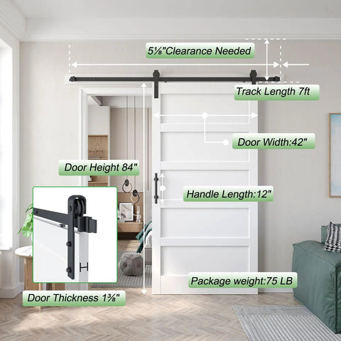 White 42x84 Inch Barn Door With 7 Foot Sliding Door Hardware Kit Included And Handle Solid Wood MDF And PVC Surface front view installed