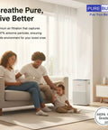 Family in living room with air purifier, Replacement True HEPA Filter Kit For Honeywell InSight And PowerPlus Air Purifiers visible
