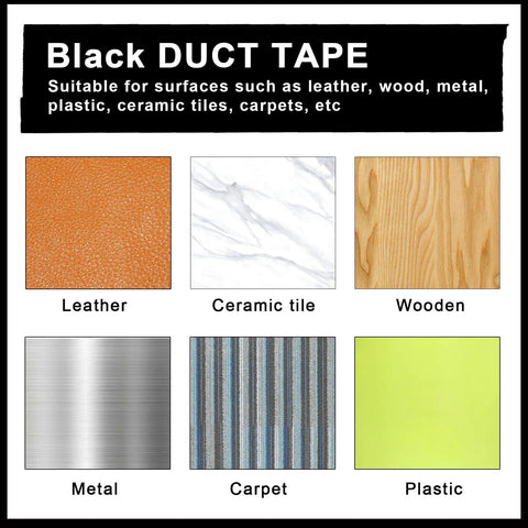 Five Roll Pack Black Duct Tape Rolls For DIY Projects surface compatibility with leather, ceramic, wood, metal, carpet, plastic