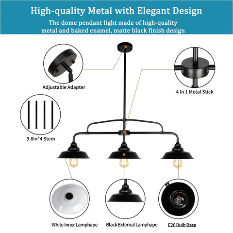 Diagram of Dope Industrial Farmhouse Black Pendant Light Fixture With Three Lights, showing parts and features, modern metal design.