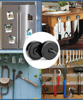 MIKEDE 12-pack neodymium cup magnets, black, 0.98x0.22 in, with countersunk mounting hole; shown on fridge and in workshop.