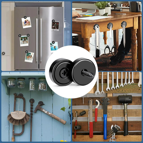 MIKEDE 70 lb neodymium pot magnets with countersunk holes, black, 10-pack; shown on fridge and in workshop with tools