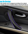 Close-up of installed Door Handle Cover Set 6 Piece For BMW 3 Series E90 E91 E92 E93 2006 To 2011 Black Snap On OEM Fit