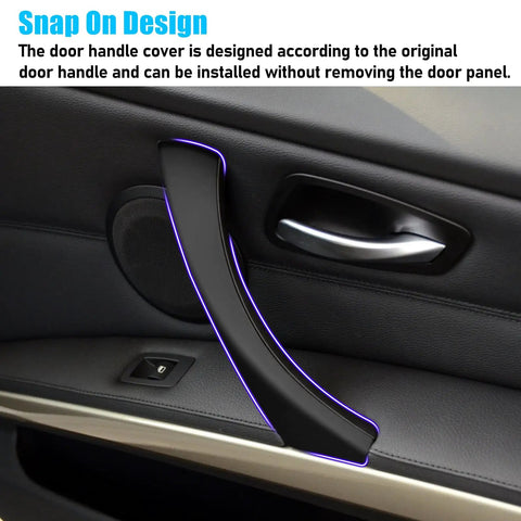Close-up of installed Door Handle Cover Set 6 Piece For BMW 3 Series E90 E91 E92 E93 2006 To 2011 Black Snap On OEM Fit
