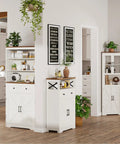 White Farmhouse Storage Cabinet With Barn Doors And Shelves, Space Saving Tall Kitchen Pantry And Coffee Bar Hutch in living room