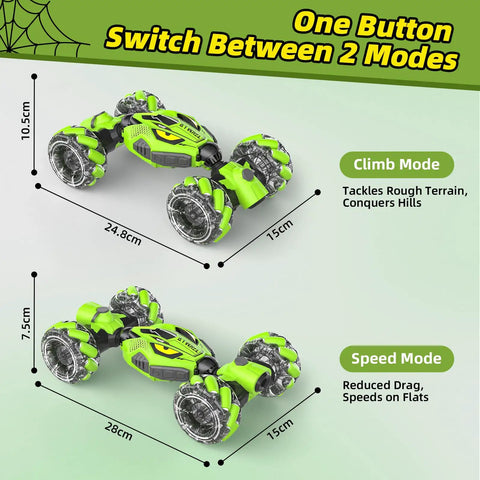 High Speed 4WD RC Car With Gesture Sensing Remote Dual Sided Driving 360 Degree Rotating Stunt Vehicle showing climb and speed modes